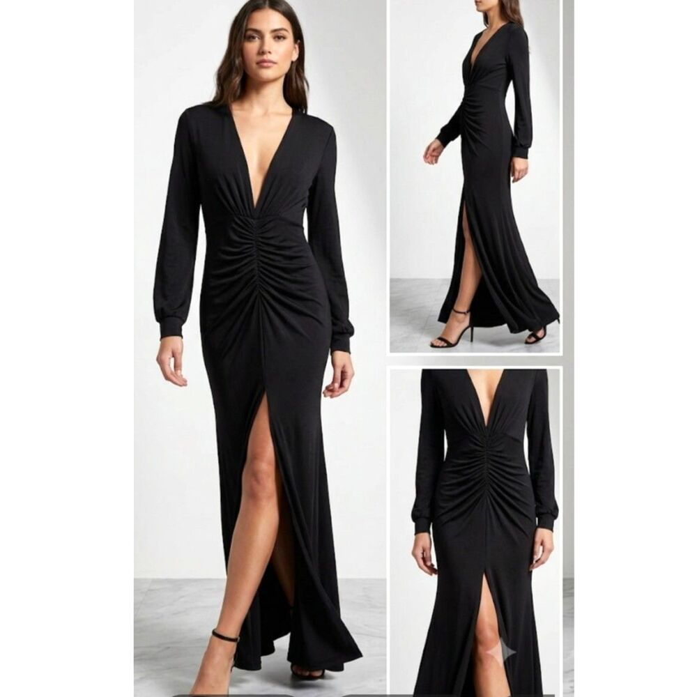Sophisticated Black Longsleeve V-Neck Ruched Gown With Slit M/L